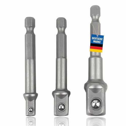 Pitlane Performance® Stecknuss-Adapter Set 3-teilig – 1/4, 3/8, 1/2 Vierkant auf Sechskantschaft – Cr-V Chrom-Vanadium Stahl – Für Akku-Bohrschrauber, Bohrmaschinen & Treiber – Max. Drehmoment 72Nm