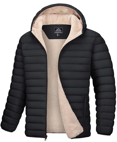 MAGCOMSEN Mens Coats Winter Puffer Sherpa Lined Down Jacket Casual Waterproof Quilted Padded Warm Hooded Parka,Black,XXL
