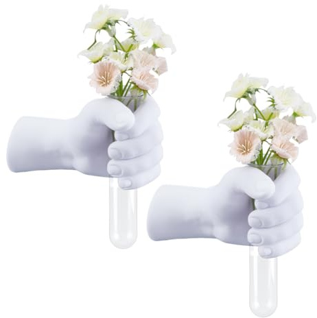 AHANDMAKER 2Pcs Wall Sculptures White Hand Vases Home Decor Wall Mount Art Sculpture Funky Flower Vase with Test Tube for Unique Decoration in Living Rooms, Entrance and Room