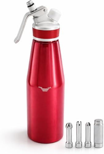 TFORESTER Whipped Cream Dispenser–Double Wall Insulated Aluminum Water Bottle with Stainless Steel 3 Nozzles, Extra-Large Capacity Whipping Cream Maker for Desserts, Coffee, Cocktails More-1000ml-Red