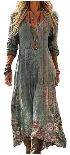 Gienslru Robe Femme Chic et Elegant Longue Bohème Col V Manches 3/4 Tissu Imitation Lin Respirant Fluide Robe Maxi Vintage Imprimé Ethnique Chic pour Plage Soirée Voyage - Coupe Ample Confortable