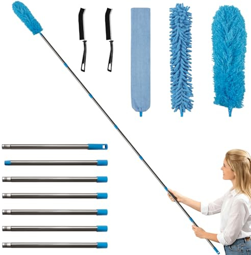 Terafeels 310 cm Limpieza de Plumero (Paquete de 5), Plumeros Telescópicos Largos, Tete de Loup Telescopique, Lavables, del Sofá, Muebles, Ventilador de Techo, telarañas (Azul)
