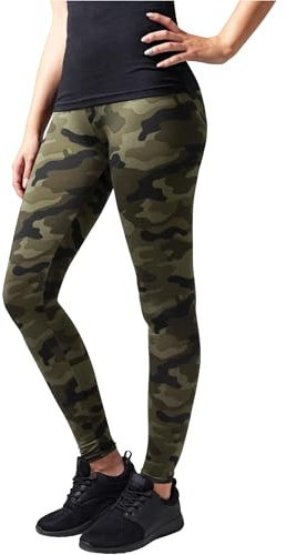 Urban Classics Women's Camouflage Leggings, Comfortable Sport Pants, Stretchy Workout Trousers with Green Military Print, Regular Skinny Fit, Size: Large Wood camo, M