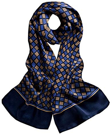 UK_Stone Bufanda de seda 100 % pura para hombre, diseño vintage de lunares, doble capa, para caballeros, Patrón de pata de gallo a cuadros azul oscuro, 160 x 28 cm