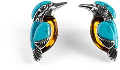 HENRYKA Boucles d’Oreilles Kingfisher Bird Stud en Argent Sterling, Ambre Baltique et Turquoise, Cadeau Bird Watcher