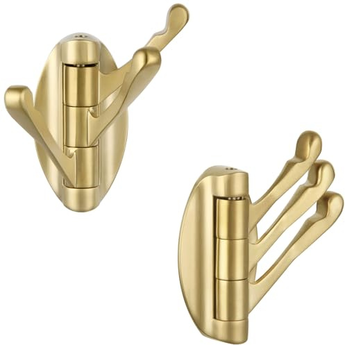 Angle Simple Swivel Towel Hook Brushed Gold 2 PCS, Metal Folding Bathroom Hook, Bath Towel Holder, Heavy Duty Robe Clothes Hanger for Bathroom RV Wall Mount