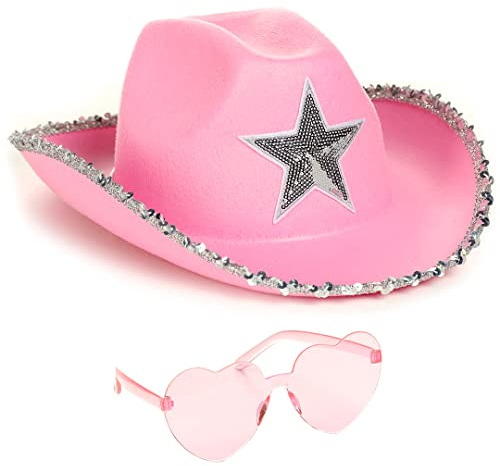 Funcredible Pink Cowboy Hat and Glasses - Preppy Cowgirl Hat with Star - Sparkly Cowboy Hats - Cowgirl Outfit Accessories for Women and Girls