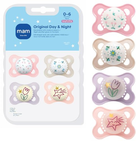 MAM Original Baby Pacifiers 0-6 Months, Glows in The Dark, 4 Pack