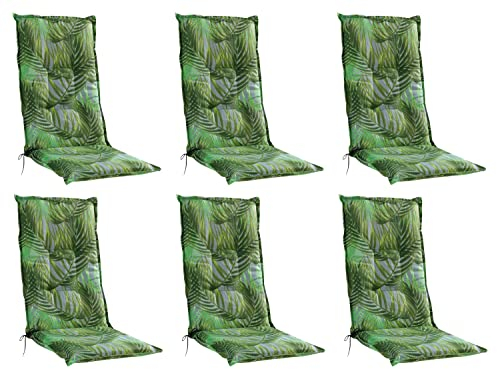 Gartenstuhlauflagen Hochlehner 6er Set - 120 x 50 cm - Grün - Baumwolle - Polyester - Palmenmotiv - Sesselauflage Sitzpolster Stuhlauflage