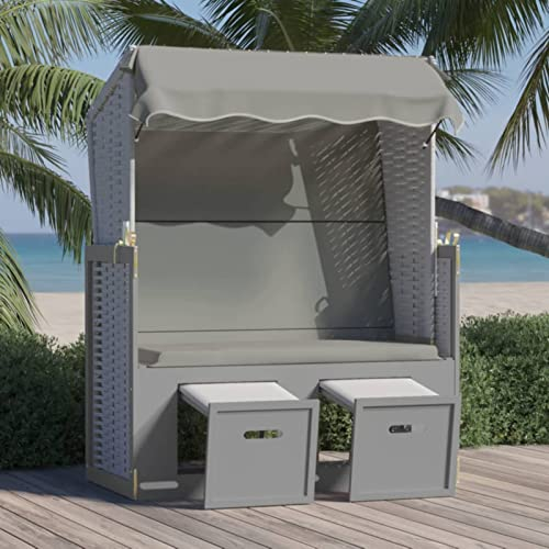 SHUJING Strandkorb mit Dach, Strandkörbe, Roofed Beach Chairs, Strandkorb Für Draußen, Poly Rattan und Massivholz Grau