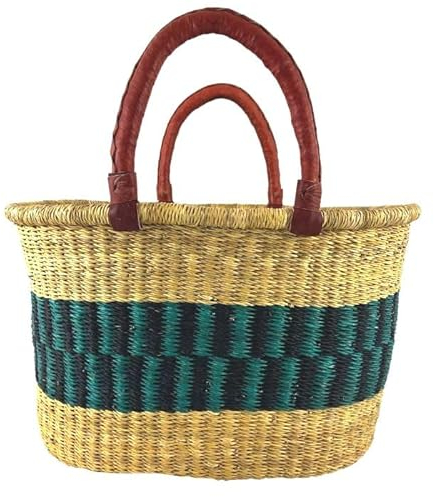 Bolga Korb Afrika - Das Original aus Ghana - Bunt - Fair Trade - Oval - Viele Farben - Afrikanischer Graskorb mit Ledergriff - Flechtkorb 30-40 cm - Ovaler Korb mit Wunschdesign (Aflao)