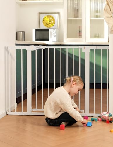 Babelio Metal Baby Gate, 29-43 Auto Close Easy Install Pet Gate PressGuard P7, Extra Wide Walk Thru Child Safety Gate, 30 Tall Pressure Mounted Dog Gate for Doorways & Stairs, White