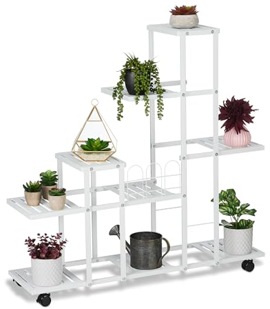 Relaxdays Scaffale Portapiante con Rotelle, 91,5 x 93 x 26 cm, a 9 Ripiani, in Acciaio, Portafiori e Portavasi, Bianco