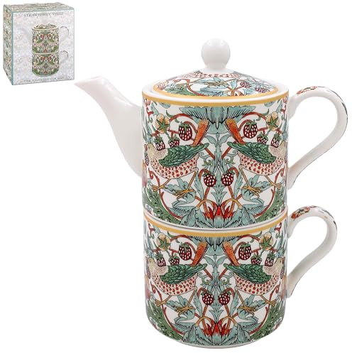 Lesser & Pavey William Morris White Strawberry Thief Tea for One Set - Lovely Floral Fruit Design Ceramic Tea Pot & Mug Set Gift Idea