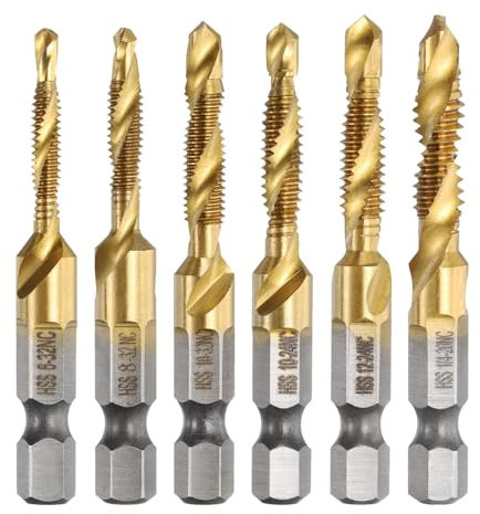 sourcing map 6pcs Combination Drill Tap Bit Set SAE 6-32NC to 1/4-20NC High-Speed Steel 1/4 Hex Shank Titanium Coated Screw Threading Drilling Tapping Tool Kit