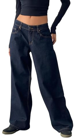 Felcia Pantalon en jean pour femmes, style baggy, taille basse, coupe droite et large, denim décontracté avec poches, style Y2K, streetwear vintage, G-bleu foncé., L
