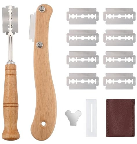 Jesustree Bäckermesser 2-Teiliges Brot Lahm Messer mit 10 Rasierklinge und Lederschutzhülle, Brot Backen Zubehör Teigmesser Set für gerade und geschwungene Schnitte