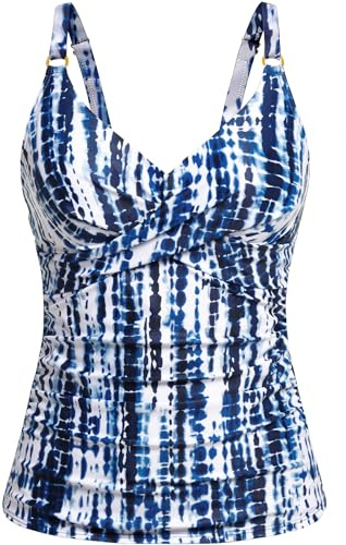 Women Blue Tie Dye Tankini Top Only - Tummy Control Bathing Suit Top V Neck Twist Front Swim Tank No Bottom 2025 L