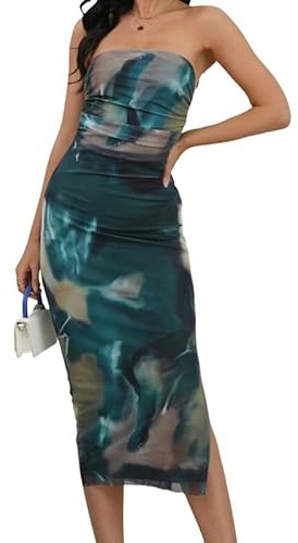 Sukiglam Vestido de Tubo Mujer Sexy Leopardo/Tie Dye Midi Vestidos sin Tirantes Elegante Vestido Largo Ajustado Verano sin Mangas Bodycon Wrap Vestidos Fruncido de Fiesta Cóctel Noche Clubwear