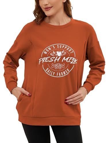 Love2Mi T-shirt d'allaitement à manches longues pour femme - Décontracté - Fermeture éclair invisible - Sweatshirt pour l'allaitement - Mode de maternité - Avec poche, bronze, S