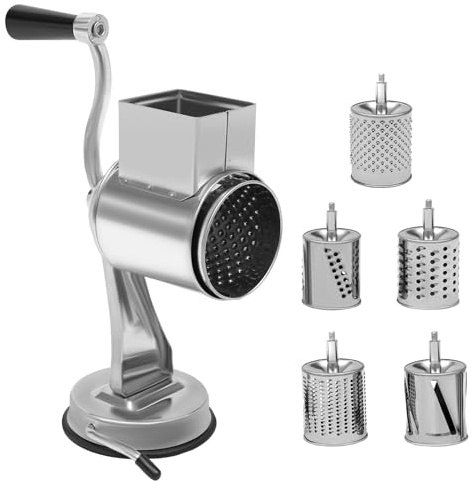 LKHDONG Rallador de tambor de acero inoxidable, cortador de verduras manual con 5 cuchillas de tambor, rallador de verduras, rallador de almendras, juego de rallador de patatas con manivela (con