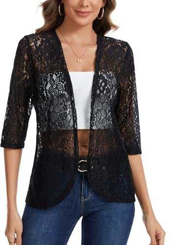 Kyzoeyou Cardigan da donna in pizzo aperto sul davanti manica a 3/4 coprispalle bolero casual coprispalle stratificazione top dress cover up elegante, B-nero, XXL