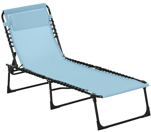Outsunny Chaise Longue Pliante, Chaise Longue de Jardin extérieure inclinable en 4 Positions avec Appui-tête et Structure en Acier, Charge maximale 120 kg, pour terrasse, Piscine, Plage, 189 x 58 x