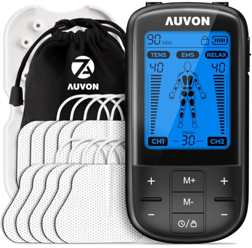 AUVON TENS/EMS/Relajación Electroestimulador muscular para aliviar el dolor | 30 modos TENS Fisioterapia 3 en 1, Alivio del dolor sin medicamentos, 10 Electrodos premium de 2″ × 2″, Aufbewahrungstasche