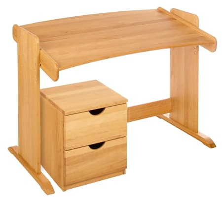 BioKinder Kinderschreibtisch Schülerschreibtisch Jugendschreibtisch Julia mit Rollcontainer höhenverstellbar & neigbar, aus zertifiziertem Massivholz Erle 110 x 66 x 54-73 cm