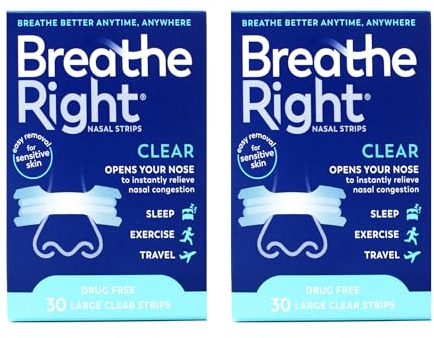 Breathe Right Nasal Strips to Stop Snoring, Drug-Free, Clear for Sensitive Skin, 30 count (Pack of 2) ( Pack May Vary )