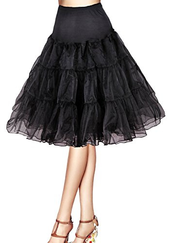 Flora® 50s Vintage Rockabilly Petticoat Skirt, 25 Length Retro Tutu Underskirt (Large-XLarge, BLACK)