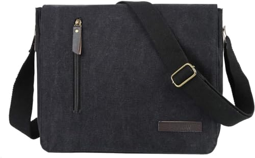 Eshow schwarz Umhängetasche Schultertasche Messenger Bag Damen & Herren für 14 Zoll Laptop klein Leinwand Canvas vintage Retro mit Handyfach zum Arbeit Freizeit