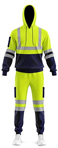 Mens Hi Vis Cuffed Bottom Pull Over Sweatshirt 2PC Tracksuit Reflective Tape Band Jacket Trousers Hi Visibility Workwear Top & Bottom Set