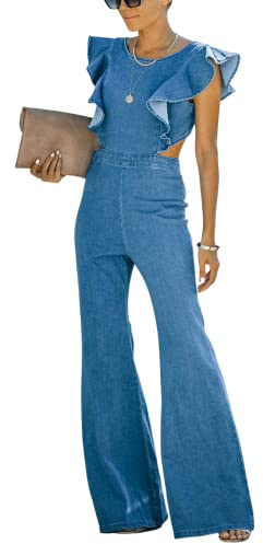 Omoone Womens Flared Denim Overalls Jumpsuit Ruffle Sleeves Backless Stretchy Blue Jean Romper(3219-BlueX1-L)