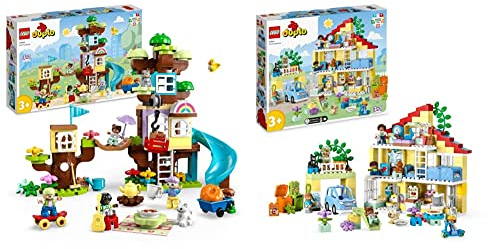 LEGO DUPLO 3-in-1-Familienhaus, Puppenhaus aus Bausteinen mit Push&Go Auto & DUPLO 3-in-1 Baumhaus Spielzeug für Kleinkinder ab 3 Jahren
