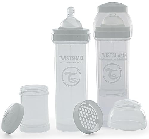 Twistshake Biberon Anti-Colique Avec Récipient Pour Lait En Poudre Et Mélangeur - 2x 330ml | Tétine En Silicone À Écoulement Rapide | Biberon Sans BPA | 4+ Mois | Blanc