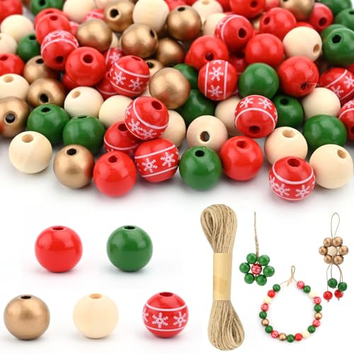 Fadcaer 200 perlas de Navidad de madera, 16 mm, cuentas de madera de colores con cuerda de cáñamo de 10 m, color rojo, dorado, verde, natural, para manualidades, decoración de árbol de Navidad