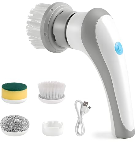 Cepillo de limpieza eléctrico para baño, cepillo de limpieza manual para el hogar con 4 cabezales de cepillo, cepillo giratorio para el hogar, suelo/neumáticos de coche, carga rápida tipo C, 2 modos