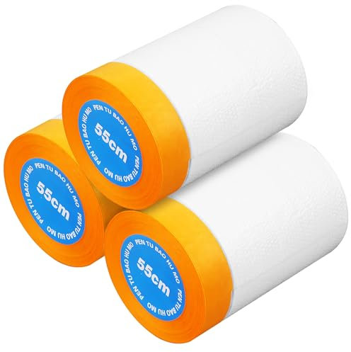 3 Rollen Abdeckfolie Maler, Abklebeband Maler mit Gewebeklebeband, Transparent Abdeckband Maler, Abdeckfolie Stark zum Staubschutz, Schutz von Wand (55CM*20M)
