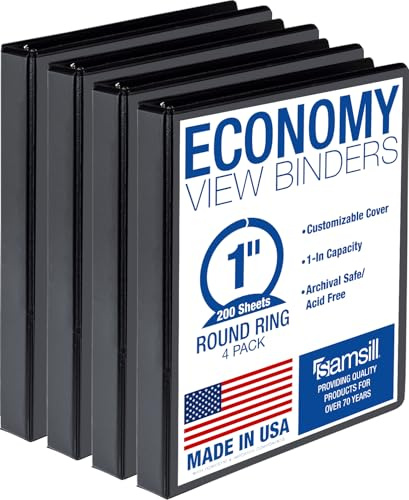 Samsill 1 Inch 3 Ring Binders, Made in USA, Economy Round Ring, Clear View Cover, 200 Sheet Capacity - for School, Home, Office - Black, 4 Pack