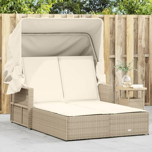 ZEYUAN Doppel-Sonnenliege mit Dach und Auflagen Beige Poly Rattan, Gartenliege, Liegestuhl, Sonnenstuhl, Sonneninsel Outdoor, Liegen, Gartenmöbel, Bäderliege, Relaxliege - 365810