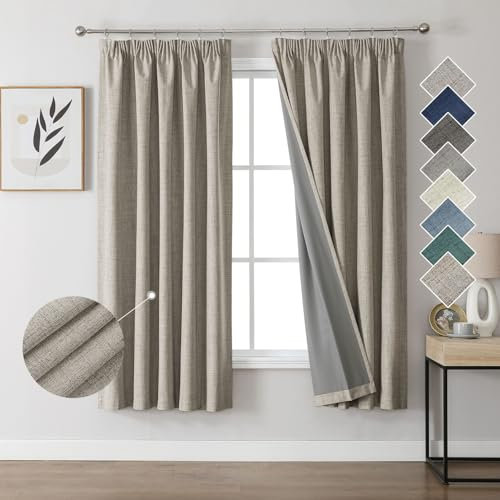 Joydeco 100% Blackout Curtains Bedroom 52 x 54 Inch Drop, Faux Linen Pencil Pleat Thermal Insulated Drapes with Coating Back Layers for Room Darkening Privacy Protection, 2 Panels, Linen Colour