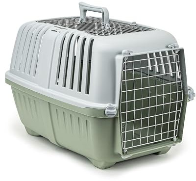lionto Hundetransportbox aus Kunststoff mit Metallgitter, 58,5x35,5x40 cm, Transportbox mit praktischem Schließsystem & Tragegriff, auch geeignet für Katzen & Kleintiere, für Haustiere bis 15kg, grün