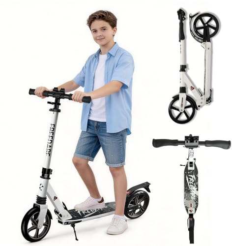 FREEDARE Kick Scooter für Kinder 8-12, 200mm Big Wheels Foldable Scooter für Jugendliche und Erwachsene, 4 verstellbare Höhe, Frontfederung, 2 Räder Scooter Weiß