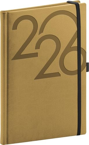 NOTIQUE Agenda 2026 environ A5 (15x21 cm), Carnet de rendez-vous avec marque-page en tissu, Planificateur hebdomadaire, Calendrier de livre, Agenda hebdomadaire à couverture rigide (Or)