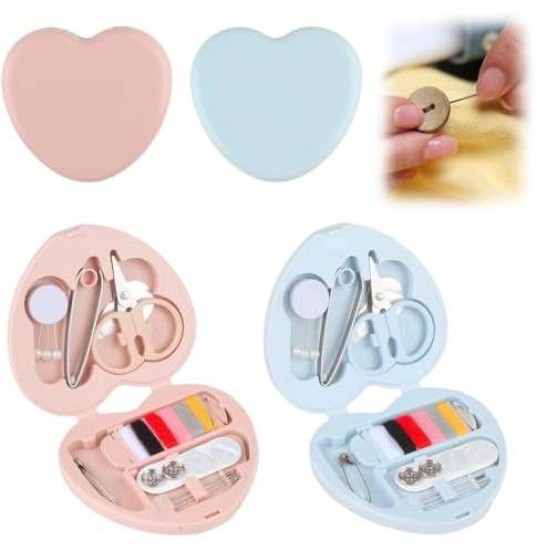 Mini Kit de Couture de Voyage, 2 pieces Set de Couture Portable en Forme de Cœur Mignon Sewing Kit Trousse Couture Boîte à Couture Idéal pour Voyageurs Adultes Débutants Urgences DIY et Maison