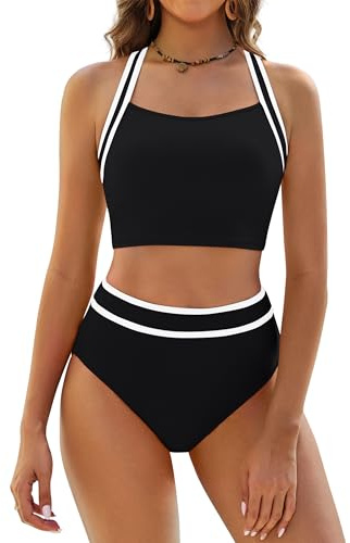 BMJL Women's High Waisted Bikini Sets Two Piece Swimsuits Sporty Tummy Control Bathing Suit Color Block Swim Suit (Medium, Black)