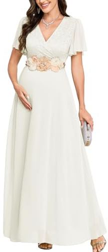 CYCLAMEN Maternity Dress Lace Wrap V-Neck Flowy A-Line Maxi Ruffle Sleeve Chiffon Gown for Baby Shower Wedding Guest, White, L