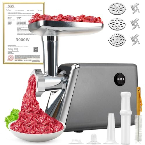 5.0 Upgrader Electric Meat Grinder 【NO.1 Germany 3000W Super Motor】【SGS Certified SUS304 Blade & Plate】3-Second Fast Meat Grinding, Perfect For Meat Grinders For Home Use-N (Gray)