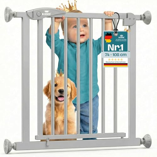 KIDIZ Barrera de seguridad para escaleras sin taladrar | Ancho ajustable: 88 – 94 cm, 75 cm de alto, rejilla de protección para puerta y barrera para niños y perros, apertura de una sola mano, sistema